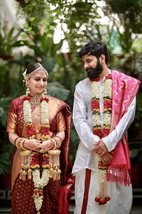 A Simple Tamil-Punjabi Wedding With Bride In Beautiful Kanjeevaram & Jewellery! #shaadiwish #indianwedding #coupleportrait #indiancoupleportrait #indianbride #bridalwear #indiangroom #groomwear Indian Groom Wear, Wedding Ceremony Ideas, Tamil Wedding, Indian Wedding Couple, Bride Groom Photos, South Indian Weddings, Bridal Pictures, Groom Looks, Indian Bride And Groom