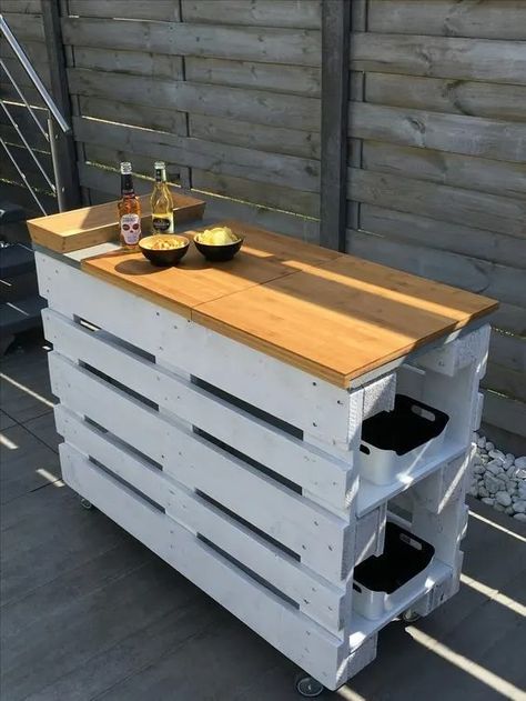 100+ Wood Pallet Furniture Ideas - HubPages Wooden Pallet Furniture Outdoor, Diy Kitchen Island Pallet Wood, Repurpose Pallets Diy Ideas, Pallet Bbq Station, Bar Con Pallet, Pallet Counter, Pallet Table Outdoor, Pallett Ideas, Pallet Patio Furniture Diy