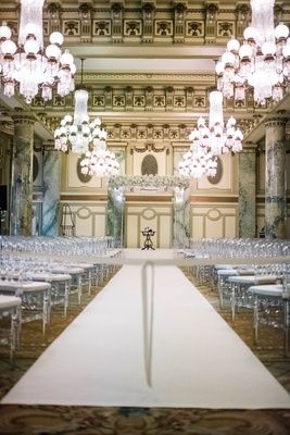 An aisle runner seems to be a must in this room! this is too bare with no floral on either side but something we can continue to design Ballroom Wedding Ceremony, Elegant Ballroom Wedding, Elegant Ballroom, Weddings Elegant, Hotel Flowers, Crystal Room, Inside Weddings, Peonies And Hydrangeas, Wedding Inside