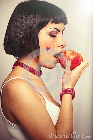 Eating a red apple. Young woman love for fruits. Person Biting Apple Reference, Woman Eating Apple, Red Apple, Snow White, Photo Image, Stock Images, Stock Photos, Fruit, Disney Princess