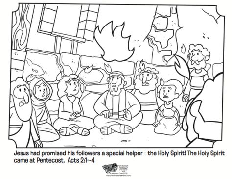 Kids coloring page from What's in the Bible? showing the Holy Spirit coming upon the believers in Jerusalem during Pentecost from Acts 2:1-4. Volume 11: Spreading the Good News! Pentecost Coloring Page, Easter Kids Church, Pentecost Sunday School, Pentecost Craft, Sunday School Coloring Sheets, Acts 2, Holy Spirit Come, Children's Church Crafts, Bible Story Crafts