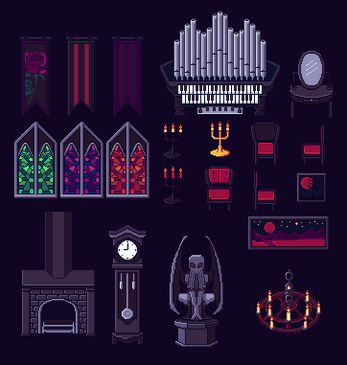 Free pack of gothic RPG furniture sprites for a 48x48 tilemap, works well in RPGMaker MV/MZ Rpgmaker Mv, Pixel Furniture, Gothic Pixel Art, Web Nostalgia, Pixel Horror, Gothic Games, Goth Architecture, Pixel Sprites, Vampire Castle