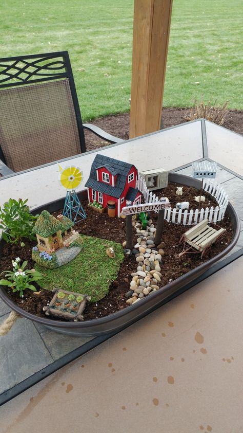 Created by Karen Berg...I wanted a little farm fairy garden but now I need a farmer fairy. Fairy Garden Farm, Smurf House, Deck Pergola, Indoor Fairy Gardens, Fairy Ideas, Fairies Garden, Fairy Garden Ideas, Wee Folk, Fairy Garden Designs