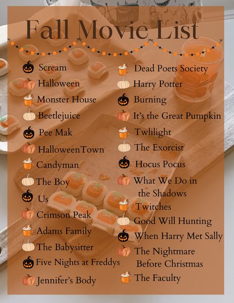 recent fall movie list that I plan on watching this fall and so should you<3 a mix of scary, romantic, funny, and family friendly movies with a few foreign films in there that have the best fall vibes. not all are Halloween related but some are :) Fall And Halloween Movie List, Things To Watch During Fall, Fall List Of Things To Do Couples, Best Family Movies Of All Time, Fall Themed Movie Night, Fall Family Movie Night, Funny Halloween Movies, Romantic Fall Movies, Fall Movie Snacks