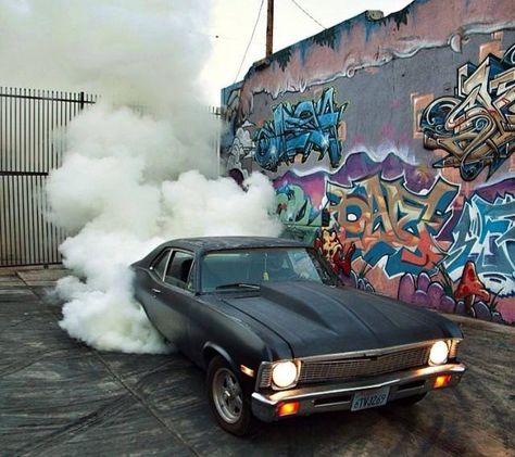 Epic Chev Chevy Chevrolet Nova muscle car burnout burn-out burn out in front of a graffiti covered wall. This is how clouds are born. Car Burnout, Giving Thanks, Chevrolet Nova, Chevy Chevrolet, Burn Out, Classic Cars Muscle, Love My Job, Muscle Car, Car Art