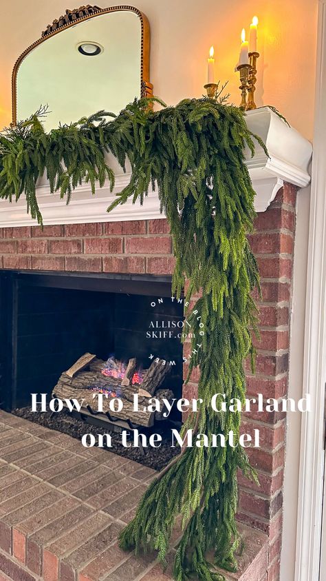 Have you been dreaming of a beautiful sweeping garland design for your mantel? Follow my step-by-step tutorial for how I created an asymmetrical garland design on my fireplace this Christmas. I breakdown how many pieces I used, how I secure them and my exact sources to achieve this look. Asymmetric Christmas Mantle, Fireplace Christmas Mantel, Mixed Greenery Garland, Add Garland To Christmas Tree, Large Christmas Garland, Cascading Garland Christmas, Fireplace With Garland, Diy Garland For Mantle, Fireplace Mantel Garland