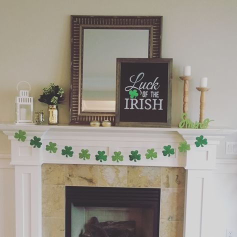 St Patrick’s Day mantle! St Patrick’s Day Mantle Decor, St Patricks Day Mantle Decor, St Patrick’s Day Decor, Above Mantel Decor, Mantle Decor With Mirror, Happy St Patty's Day, Mantle Design, Holiday Mantel Decor, St Patricks Decorations