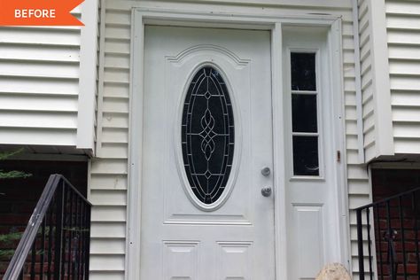 Modern Gray Front Door Makeover - Before and After Photos | Apartment Therapy Front Door Renovation Before And After, Oval Glass Front Door Makeover, Front Door Glass Insert Makeover, White Front Door Ideas, Diy Front Door Makeover, Curb Appeal Inspiration, Door Redo, Painted Stone Fireplace, Front Door Glass Insert