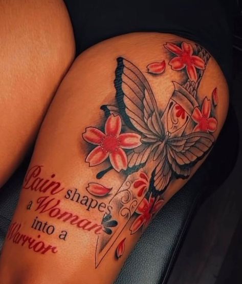 Tattoo Ideas Female Thigh Butterflies, Thigh Tattoo Quotes, Cute Thigh Tattoos, Girl Thigh Tattoos, Arm Sleeve Tattoos For Women, Tato Paha, Remembrance Tattoos, Key Tattoo, Hand Tattoos For Girls