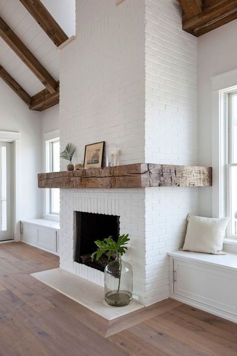 Fireplace Wall With Built In Benches, Windows Each Side Of Fireplace, Hand Hewn Fireplace Mantle, Modern Painted Brick Fireplace, Non Stone Fireplace, Brick Fireplace Family Room, Large White Brick Fireplace, Large White Fireplace, Wrapped Fireplace Mantle