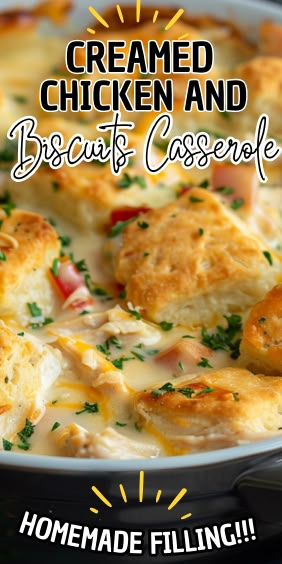 Creamed Chicken and Biscuits Casserole Chicken Bake With Biscuits, Creamy Chicken And Biscuits Casserole, Cream Of Chicken Biscuit Casserole, Shredded Chicken And Biscuits Recipes, Chicken And Grands Biscuits, Creamy Chicken Over Biscuits, Creamed Chicken And Biscuits Casserole, Chicken Casserole With Biscuits On Top, Chicken And Biscuits Easy