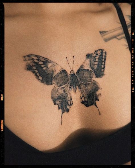 Moth Skull Knee Tattoo, Pelvis Butterfly Tattoo, Surrealism Butterfly Tattoo, Moth Butterfly Tattoo Design, Bat Butterfly Tattoo, Skulls And Butterflies Tattoo, Butterfly Bones Tattoo, Moth Neck Tattoos Women, Emo Butterfly Tattoos