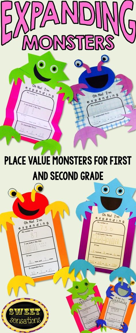 These monsters are the perfect way to demonstrate place value and expanded number form! Differentiated for two digit numbers for first grade and three digit numbers for second grade. Makes a great Halloween review craft activity! Place Value Craft, Three Digit Numbers, Expanded Form, Math Place Value, Math Crafts, Primary Maths, Second Grade Math, Craft Activity, Math Stations