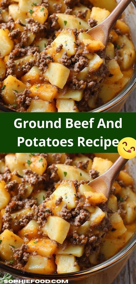 Craving a hearty dish? Our Ground Beef and Potatoes casserole is the perfect solution. With simple ingredients and quick preparation, this family-friendly recipe makes weeknight dinners a breeze for busy households. Ground Beef Diced Potatoes, Cheesy Ground Beef And Potatoes, Potato And Hamburger Meat Recipes, Potato Onion Ground Beef, Ground Beef Recipes And Potatoes, Ground Beef Stew Recipes Simple, Ground Beef Quick Recipes, Easy Family Dinners With Ground Beef, Easy Recipe For Ground Beef