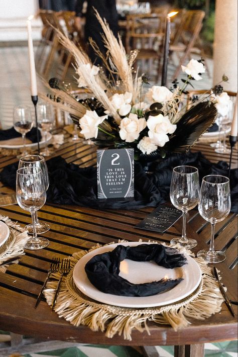 Boho Wedding Black And White, Minimalist Black Wedding Decor, Black Gold And Beige Wedding, Wedding Color Combos Black, White Beige Black Wedding, Black And Cream Table Decor, Black And Cream Boho Wedding, Black Tan Wedding Theme, Black Gold Boho Wedding