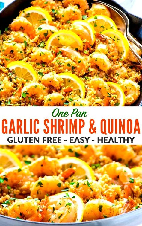 Easy Lazy Healthy Dinner, Garlic Quinoa Recipes, One Pan Quinoa Recipes, Healthy Quinoa Recipes Low Calories, Shrimp Recipes Quinoa, Shrimp Recipes With Quinoa, Quinoa Recipes With Shrimp, Lemon Garlic Quinoa, Cooking With Quinoa