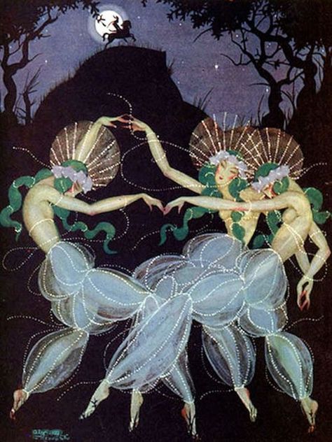 Aleksander Rzewuski (Polish, 1893-1983), Moon Madness, Tatler Magazine, April 1922. Plant Spirits, Moon Madness, Ladies Dancing, Erte Art, Konst Designs, Arte Occulta, Dancing In The Moonlight, Arte Inspo, Alphonse Mucha