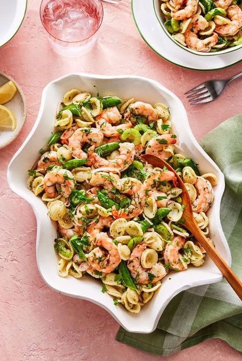 This shrimp pasta salad is just the ticket for a porch party or weekend brunch. Learn how to make this Southern shrimp pasta salad recipe with pickled shrimp and spring vegetables. #recipeideas #recipes #shrimp #saladrecipes #shrimppastasalad #seafood #southernliving Southern Shrimp Pasta Salad Southern Living, Southern Shrimp Pasta Salad, Pasta Salad Vinaigrette, Fresh Pasta Salad, Cold Pasta Salads, Pickled Shrimp, Southern Appetizers, Shrimp Pasta Salad, Porch Party