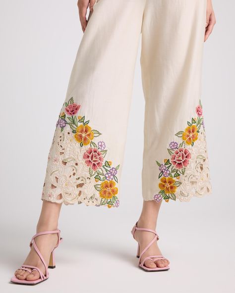 IVORY FLORAL CUTWORK PANTS Floral Cutwork, Women Trousers Design, Silk Kurti Designs, Flower Print Pattern, Woman Suit, Pakistani Fashion Casual, Women Trousers, Fashion Top Outfits, Set Outfits