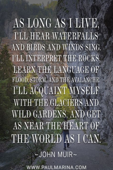 As long as I live, I'll hear waterfalls and birds and winds sing. I'll interpret the rocks, learn the language of flood, storm, and the avalanche. I'll acquaint myself with the glaciers and wild gardens, and get as near the heart of the world as I can. Quote by John Muir www.Paulmarina.com Funny Qotes, Wild Gardens, John Muir Quotes, Tree Quotes, Winter Quotes, Best Travel Quotes, Original Quotes, Wonder Quotes, Words Worth