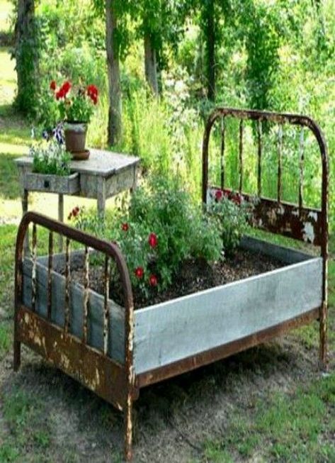 raised flower beds | Raised flower bed | gardens and such Taman Vintage, Beds Diy, Iron Beds, Raised Flower Beds, Building A Raised Garden, Diy Raised Garden, Raised Garden Beds Diy, Diy Outdoor Decor, Have Inspiration