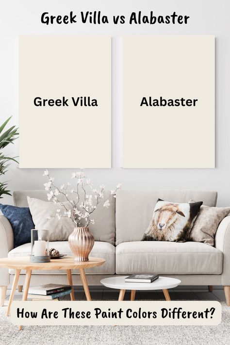 Choosing between Greek Villa and Alabaster paint? Let our guide help you distinguish these popular whites. Delve into the undertones, lighting effects, and ideal settings for each to determine which serene shade will best brighten up your walls. Transform your space with the perfect white that reflects your style. Greek Villa Bedroom Ideas, Alabaster Bedroom Walls, Accessible Beige And Greek Villa, Alabaster White Bedroom, Alabaster Vs Swiss Coffee, Alabaster Interior Walls, Alabaster Vs Greek Villa, Greek Villa Bedroom, Alabaster Walls With White Trim