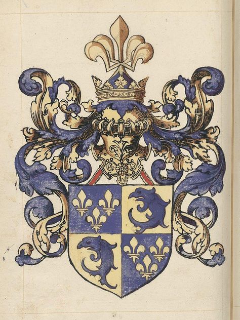 Arms of the Dauphin of France — from the 16th c. French manuscript, Grand armorial colorié, dont les blasons sont rangés sous les rubriques suivantes.  Arms by Alexandre Leblancq. Heraldry Design, Coat Of Arm, Medieval Art, 판타지 아트, Illuminated Manuscript, Family Crest, Middle Ages, Coat Of Arms, Art Inspiration