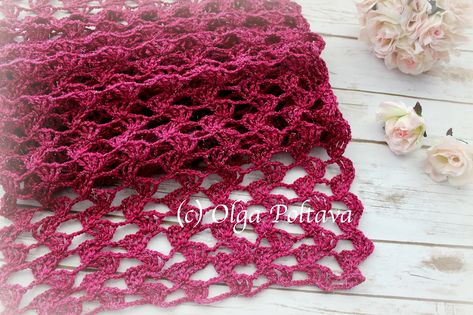 Ravelry: Ruby Lace Scarf by Olga Poltava Lace Crochet Scarf, Lacy Scarf, Lacy Crochet, Crochet Scarf Pattern, Crochet Easy, Crochet Leaves, Crochet Shawls, Crochet Simple, Crochet Videos Tutorials