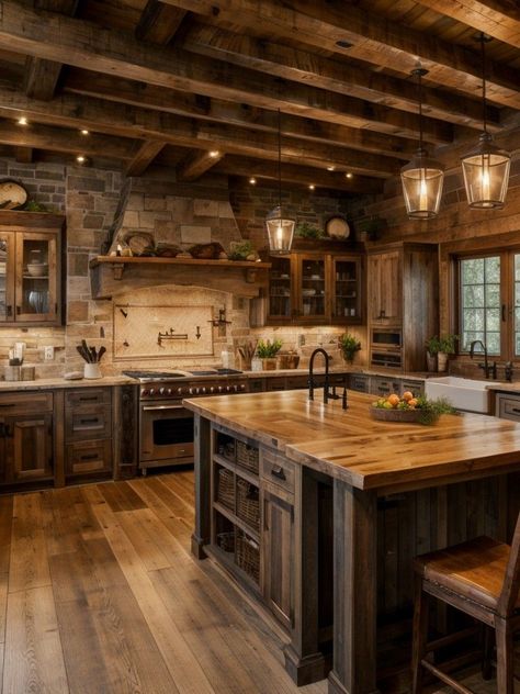 Rustic Kitchen Design, Cabin Kitchens, Farmhouse Kitchen Design, Rustic Farmhouse Kitchen, Rustic Home Design, Barn Style House, Dream House Plans, Cabin Homes, Log Homes