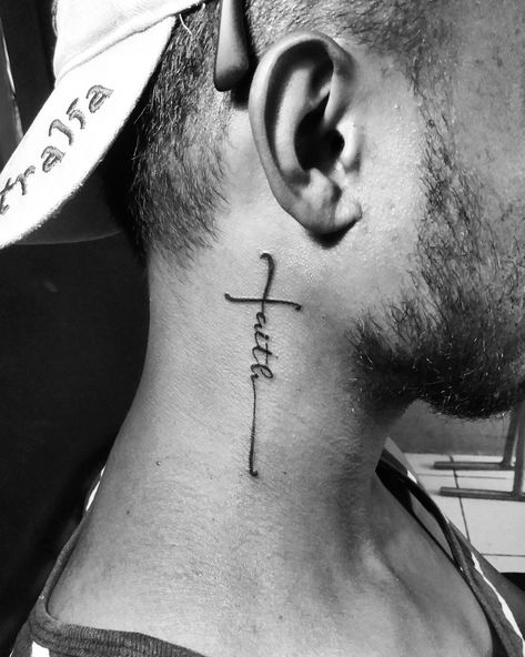 Christian Tattoo Cross Tattoo For Men Neck, Faith Neck Tattoo, Tattoo Behind Ear Men, Side Neck Tattoos For Men, Ear Tattoo Men, Christian Tattoo Ideas For Men, Behind Ear Tattoo Men, Kingdom Tattoo, Back Ear Tattoo