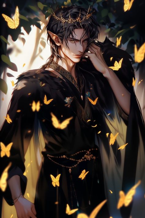 Dark Fae Prince, Fae Prince Outfit, Black Haired Elf, Elf Male Character Design, Dark Fae Aesthetic Male, Fae Character Design Male, Male Fairy Oc, Wood Elf Male, Male Fae Aesthetic