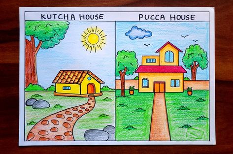 Video Tutorial uploaded on Amrita Drawing Book Channel. Subscribe for more creative Drawings and School Projects. #kutchahouse #puccahouse #housedrawing #scenery #howtodraw #drawing #easydrawing #drawingforkids #kids #Tutorial #stepbystep #easysteps Beautiful Scenery Drawings Easy, Easy House Drawing For Kids, Drawing Of Scenery, Village House Drawing, House Scenery Drawing, Fingerprint Art Kids, House Drawing Easy, Drawing Village, Drawing Easy For Kids