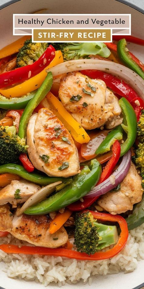 Savor the flavors of this Healthy Chicken and Vegetable Stir-Fry. Tender chicken, crisp veggies, and a savory sauce come together for a light yet satisfying meal that’s perfect for meal prep. Chicken Veggie Stir Fry Healthy, Healthy Chicken Stir Fry With Vegetables Clean Eating, Chicken And Vegetable Fried Rice, Freezer Meal Stir Fry, Chicken And Veggies Over Rice, Quick Chicken Stir Fry Recipe, Chicken Low Main Recipes, Healthy Stirfry Dinner Recipes, Low Fat Stir Fry Recipes