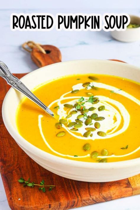 Roasted Pumpkin Soup Recipe, Creative Pumpkin Carving Ideas, Roasted Pumpkin Soup, Lunch Soup, Entree Ideas, Roast Pumpkin Soup, Creamy Pumpkin Soup, Soup Ideas, Fall Meal