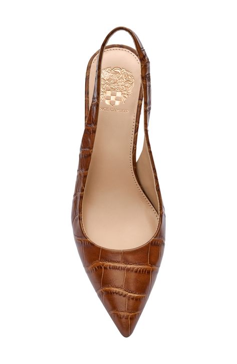 A gently flared rectangular heel brings just-right height to a classic desk-to-dinner pointy-toe pump secured by an elasticized slingback strap. 2 3/4" heel (size 8.5) Elasticized slingback strap Leather upper/synthetic lining and sole Imported Brown Shoes For Women, Work Shoes Women Comfortable, Business Professional Shoes, Cute Work Shoes, Slingback Heels Outfit, Buty Marki Nike, Classic Desk, Work Shoes Women, Date Night In