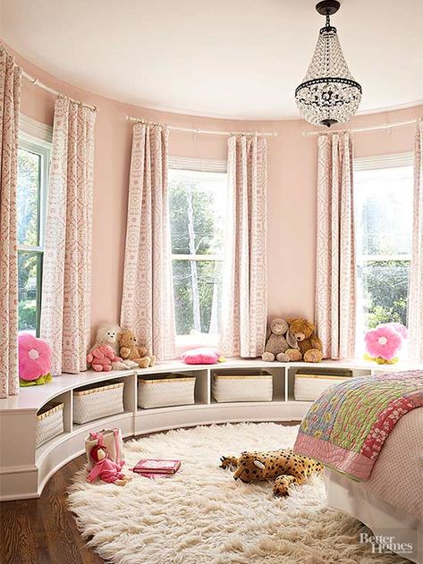 One little girl’s bedroom in the top of the original turret dresses up in soft… Bay Window Treatments, Bow Window, Bedroom White, Reading Nooks, Ideas Hogar, Girl Bedroom Designs, Bedroom Windows, Girl Reading, White Bedroom