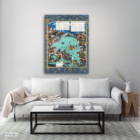 Shahnameh of Shah Tahmasp canvas print wall art | Persian miniature | Persian poet Ferdowsi | Persian gift | Iran https://etsy.me/3fPuOl3 #bedroom #persianwallart #iranianart #persianhomedecor #iranianhomedecor #persiancalligraphy #arabicart #arabicwallart #islamicart Shah Tahmasp, Persian Calligraphy Art, Illustrated Manuscript, Persian Miniature, Iranian Art, Arabic Art, Print Wall Art, Print Wall, Canvas Print Wall