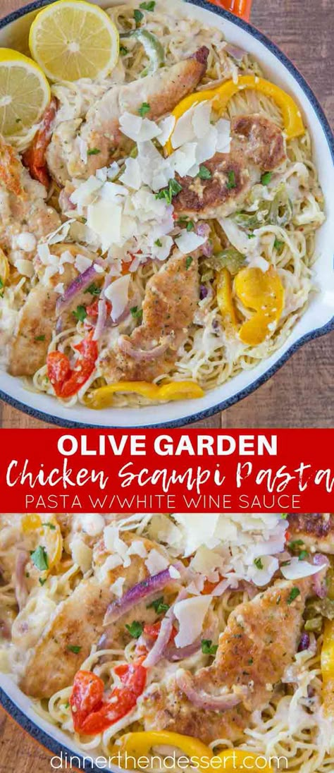 Olive Garden Chicken Scampi Pasta copycat made with a creamy garlic white wine sauce with lemon, bell peppers and onions. | Chicken Scampi Olive Garden, Olive Garden Chicken Scampi, Chicken Scampi Pasta, Chicken Scampi Recipe, Garlic White Wine Sauce, Olive Garden Chicken, Chicken Scampi, Scampi Pasta, Pepper Steak Recipe