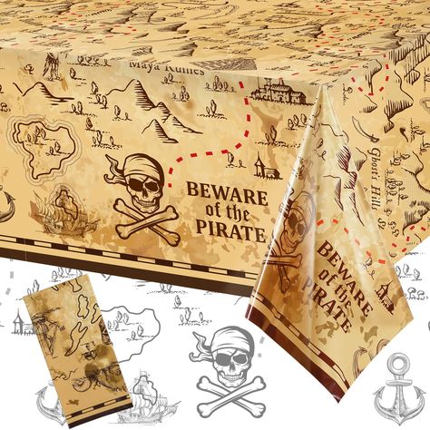 PRICES MAY VARY. Pirate theme design: pirate's treasure map tablecloth, complete with skeleton, boat, mountain, and treasure chest pattern, will make your child's kitchen table feel like the high seas, set the mood of a pirate-themed party, and get your kids excited for dinnertime with this fun tablecloth Suitable for party decoration: island treasure plastic tablecloth that is reminiscent of the famous treasure map of captain Jack Sparrow; Whether you're planning a pirate-themed party or a birt Treasure Theme, Kids Halloween Birthday Party, Map Elements, Halloween Birthday Party Decorations, Pirate Party Decorations, Birthday Party Props, Pirate Treasure Maps, Robot Party, Pirate Theme Party