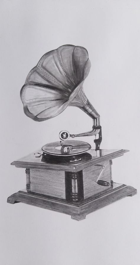 Gramophone ,Pencil Drawing Gramophone Drawing, Telephone Drawing, Antique Things, Dj Art, Magic Moments, Pencil Shading, Cross Hatching, Book Art Drawings, Diy Art Painting