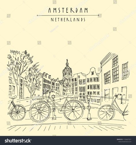 Amsterdam Sketch Drawings, Amsterdam Drawing Easy, Netherlands Watercolor, Amsterdam Sketch, Amsterdam Drawing, Amsterdam Illustration, Merch Concept, Netherlands Art, Drawing Travel