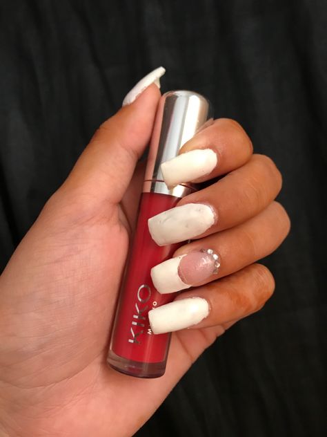 French Top With Gems, White Nails French, Long White Nails, French Top, Nails French, Ring Finger, White Nails, Gel Nails, Gems