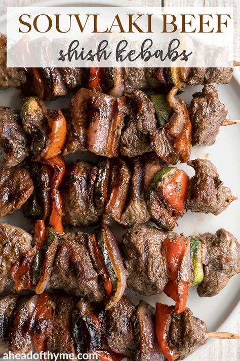 Greek Shish Kabob Marinade, Beef Greek Recipes, Greek Steak Recipes, Greek Beef Skewers, Greek Beef Marinade, Beef Souvlaki Marinade, Greek Shish Kabobs, Beef Kebab Marinade, Greek Steak Kabobs