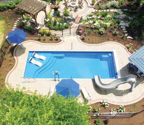 Rectangle Pool Landscaping Ideas, Inground Pool Layout Ideas, Different Pool Shapes, I Ground Pools, Backyard Pool Patio Designs, Rectangle Inground Pool Ideas, Sports Pool Design, Pool Layout Ideas, In Ground Pool Landscaping