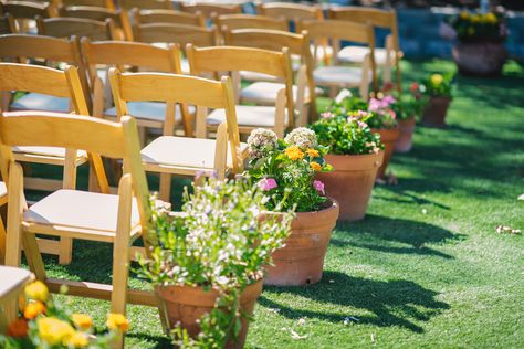 Potted Plants Ceremony Aisle, Wedding Planters Flower Pots, Wedding With Potted Plants, Terracotta Potted Plants Wedding, Flower Pots Wedding Ceremony, Potted Aisle Flowers, Wedding Aisle Potted Plants, Potted Plant Wedding Aisle, Wedding Terracotta Pots