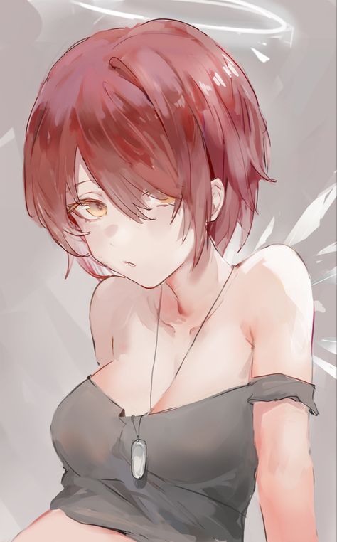 Anime Hair Covering Eyes, Exusiai Arknights Fanart, Anime Women With Short Hair, Short Haired Anime Woman, Short Hair Female Character Design, Short Red Hair Anime, Anime Short Hair Female, Short Hair Anime Female, Zzz Oc