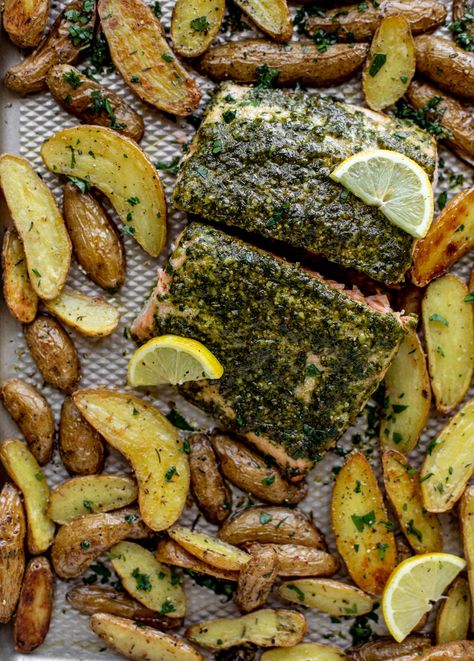 Thyme Potatoes, Recipes For Lent, Parmesan Roasted Broccoli, Salmon With Lemon, Pesto Salmon, Lent Recipes, Lemon Potatoes, Lemon Thyme, Sheet Pan Dinners