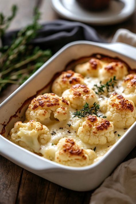 Baked cauliflower with melted cheese and herbs in a white casserole dish. Cauliflower Squash Recipes, Healthy Cauliflower Recipes, Tasty Cauliflower, Cauliflower Alfredo Sauce, Cauliflower Recipes Healthy, Cauliflower Hummus, Cauliflower Alfredo, Cauliflower Fritters, Creamy Cauliflower Soup