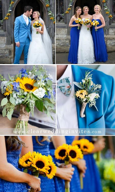 Royal Blue And Sunflower Wedding, Elegant Sunflower Wedding, Sunflower Wedding Ideas, Blue Sunflower Wedding, Ocean Wedding Theme, Burlap Wedding Decorations, Sunflower Wedding Decorations, Wedding Flowers Sunflowers, Small Backyard Wedding