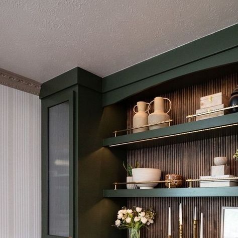 Manta Construction on Instagram: "This one is for the color lovers. Paint is SW Rockwood Dark Green in Sating finish. A reeded wooden backdrop tying in with the reeded glass and the golden knobs makes this the perfect invitation as you walk into your home. More of this on episode 1 season 3 of No Demo Reno now showing on HGTV. Design: @theramblingredhead Photos: @lindseyisdabomb #mantaconstruction #texasbuilders #dallasbuilders #dfwconstruction #homeremodel #nodemoremo #hgtvnodemoreno #inter Hunter Green Built Ins, Dard Hunter Green Sw, Sherwin Williams Darkroom Cabinets, Sw 2816 Rookwood Dark Green, Best Dark Green For Cabinets, No Demo Reno Kitchen, Dark Green Color Drenching, No Demo Reno Hgtv, Dark Green Dining Room